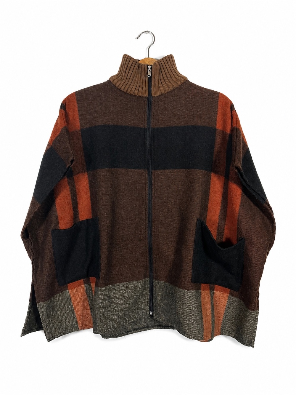 Nine West Block Plaid Knit Sweater Zip Shacket Poncho Dark Academia Fall Boho OS